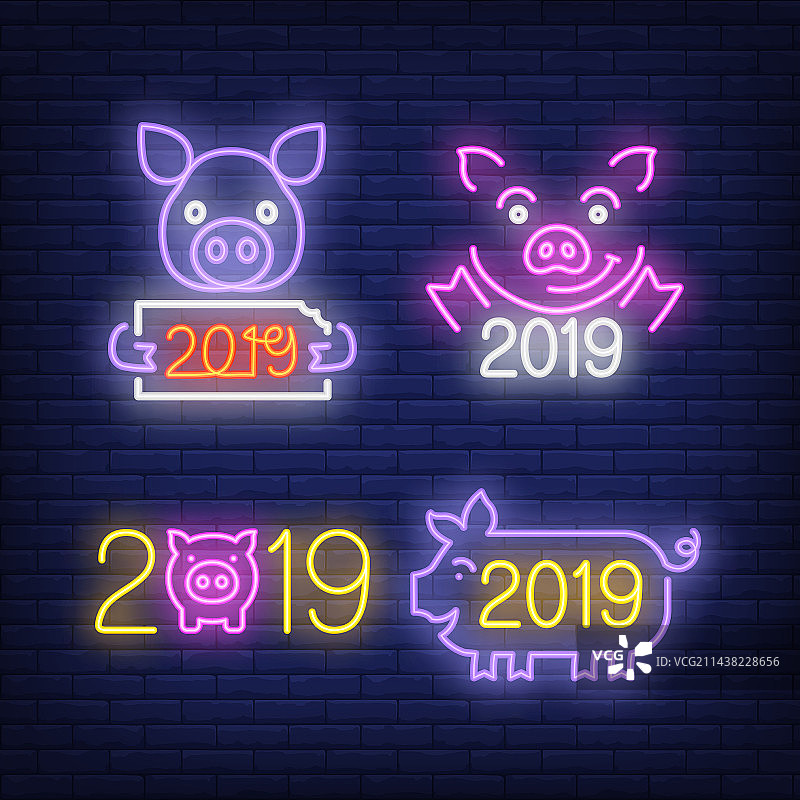 2019年猪年霓虹灯标志图片素材