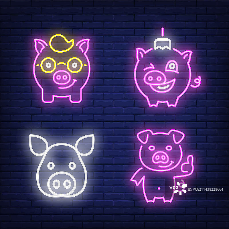 小猪卡通形象霓虹灯标志图片素材