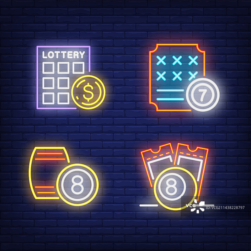 彩票、彩球和彩票机霓虹灯标志套装图片素材