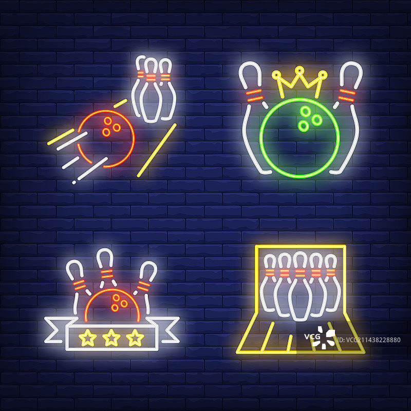 保龄球和球瓶霓虹灯标志套装图片素材