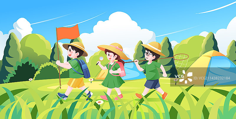 暑期夏令营探索自然小学生矢量插画海报图片素材