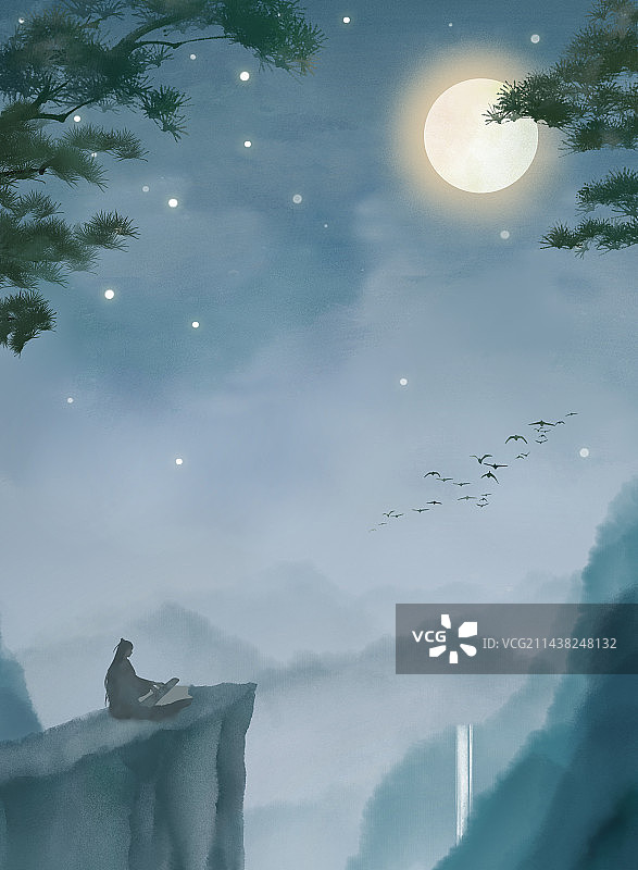 高山流水晚上星空插画图片素材