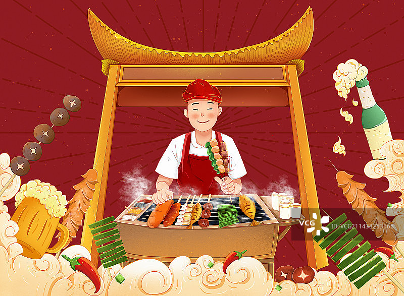 夏天手绘烧烤撸串涂鸦插画 烧烤助力高考图片素材
