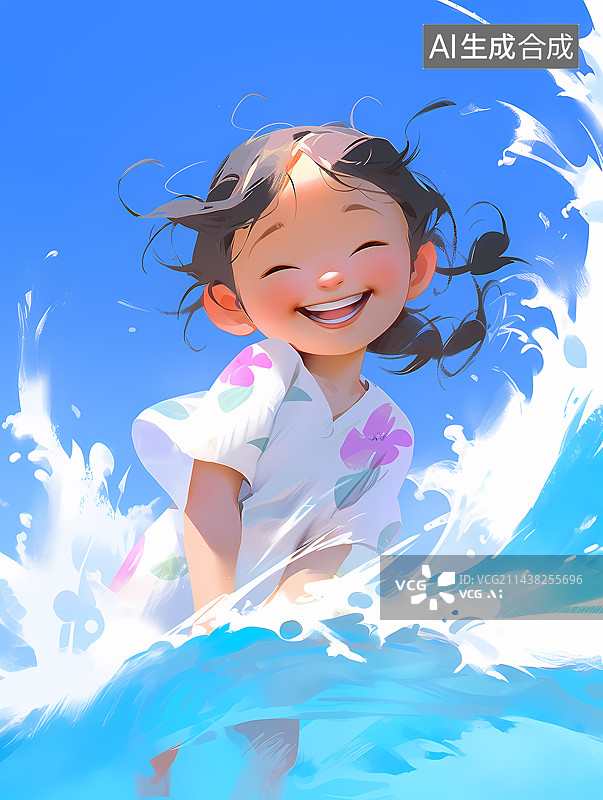 【AI数字艺术】可爱的小女孩高兴在海边玩水嬉戏插画图片素材