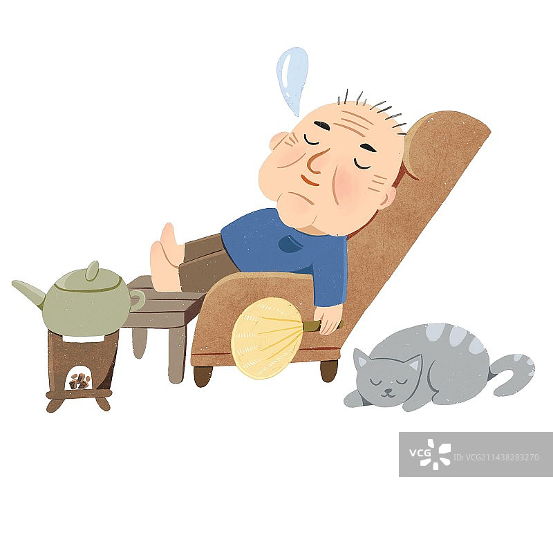 躺在沙发上午睡的老爷爷、茶壶和猫图片素材