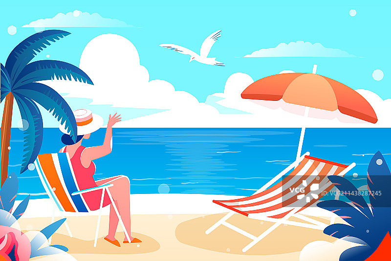 大暑节气海边旅行夏季海滩度假避暑矢量插画图片素材