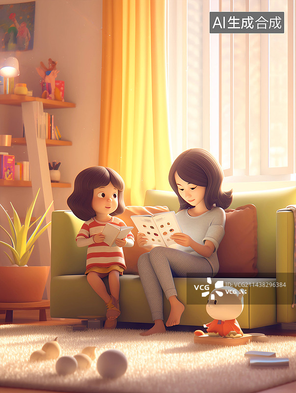【AI数字艺术】阳光灿烂的下午沙发上看书的母女图片素材