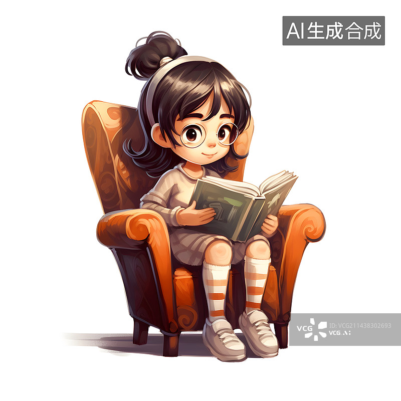 【AI数字艺术】AIGC:坐在沙发上读书的人漫画可爱插画图片素材