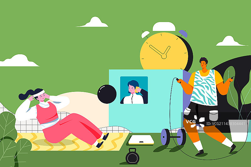 卡通运动健身瑜伽乐活休闲生活方式舞蹈减肥瘦身塑形身材健康体态跳绳运动项目比赛邀请好友电商渐变矢量插画图片素材