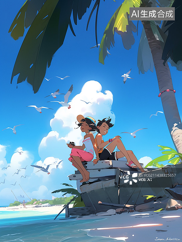 【AI数字艺术】夏日海边度假朋友图片素材