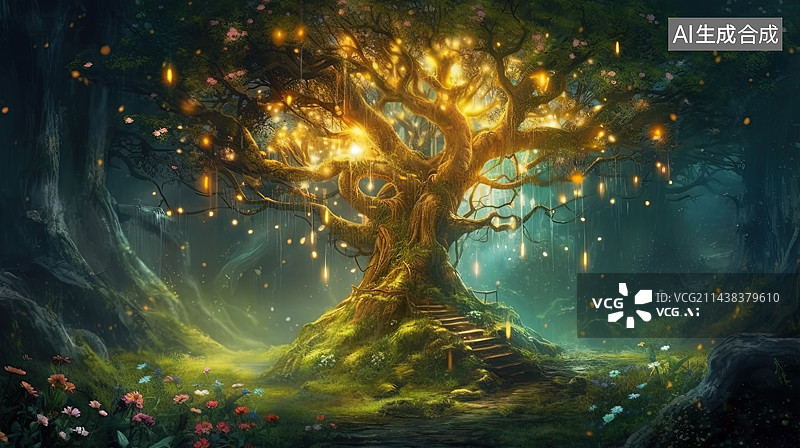 【AI数字艺术】梦幻森林仙女树插画图图片素材
