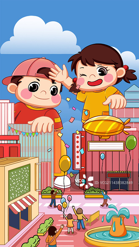 六一儿童节孩子探险小人国欢乐场面插画图片素材