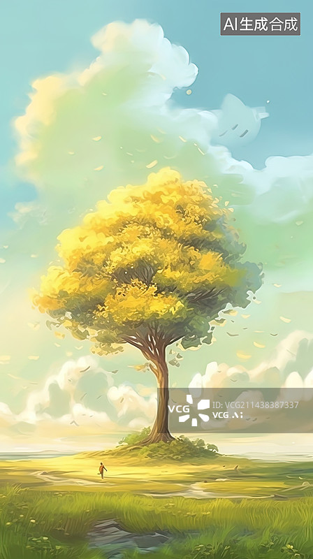 【AI数字艺术】水彩风格治愈系大树插画图片素材