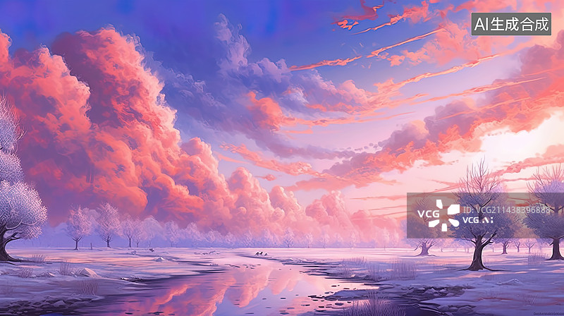 【AI数字艺术】水彩风格粉色梦幻天空幻想插画图片素材