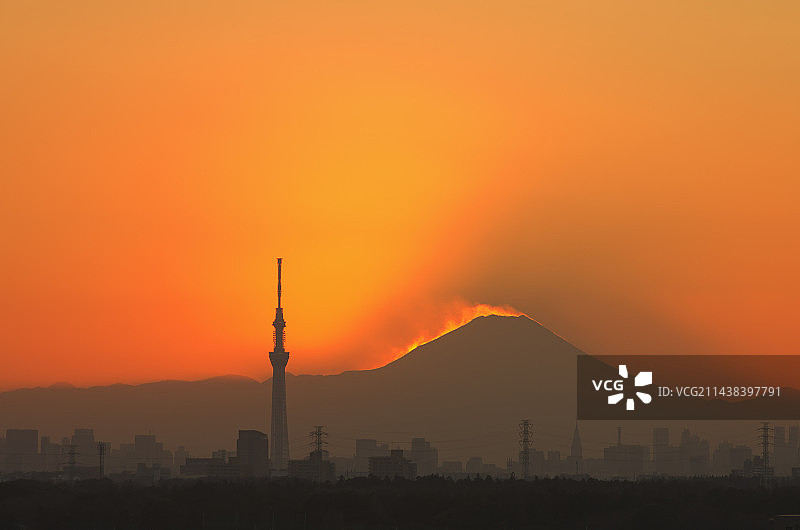 从日本千叶县镰谷市眺望东京晴空塔和富士山的阴影图片素材