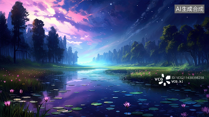 【AI数字艺术】水彩油画风格神秘森林河水插画图图片素材