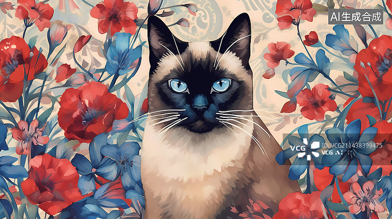 【AI数字艺术】花丛中的猫插画图片素材