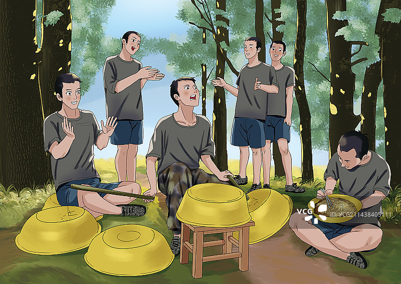 军人穿着迷彩服在树林草地上吃泡面敲盆唱歌插画图片素材