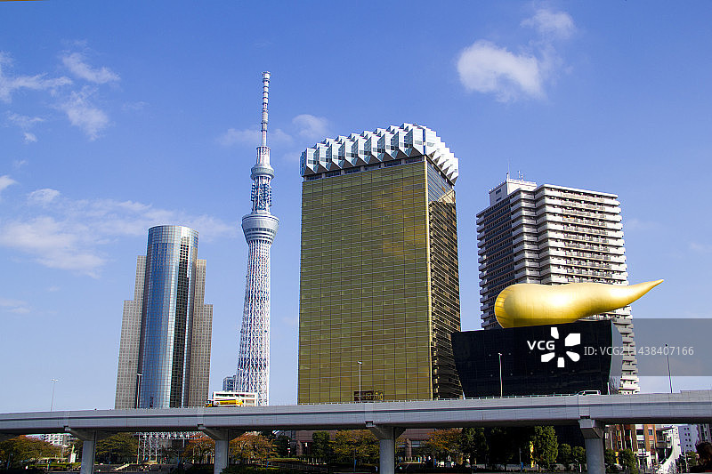 东京晴空塔、墨田区政府和朝日啤酒大厦图片素材