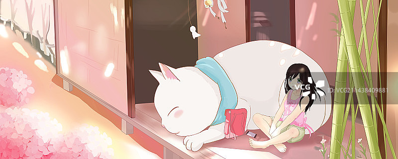 夏天白色猫咪女孩书包竹子风铃过夏天治愈系插画图片素材