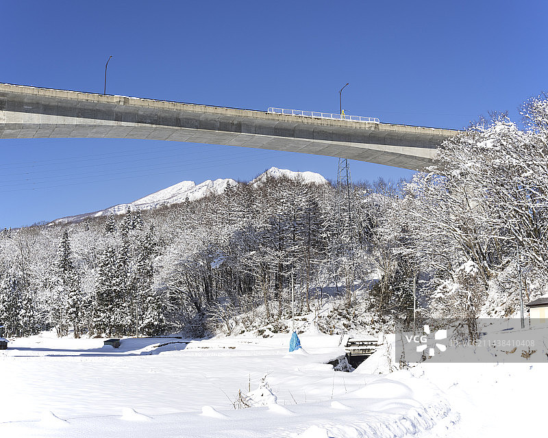 日本新泻县妙高市信越尾大桥和妙高山图片素材