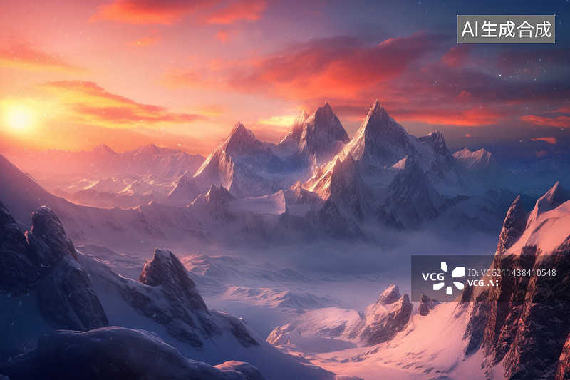 【AI数字艺术】3D渲染高视角雪山日出景观图片素材