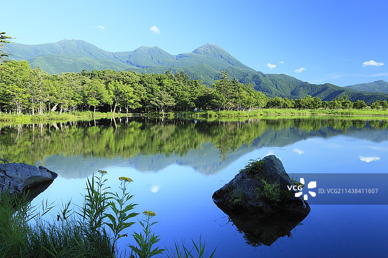 北海道斜里町知床五湖的第一个湖泊和知床山脉图片素材