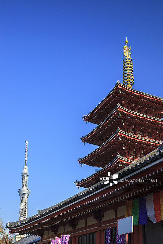东京浅草寺五重塔与晴空塔图片素材