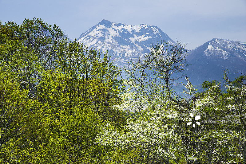 新潟县妙高市伊守池与妙高山图片素材