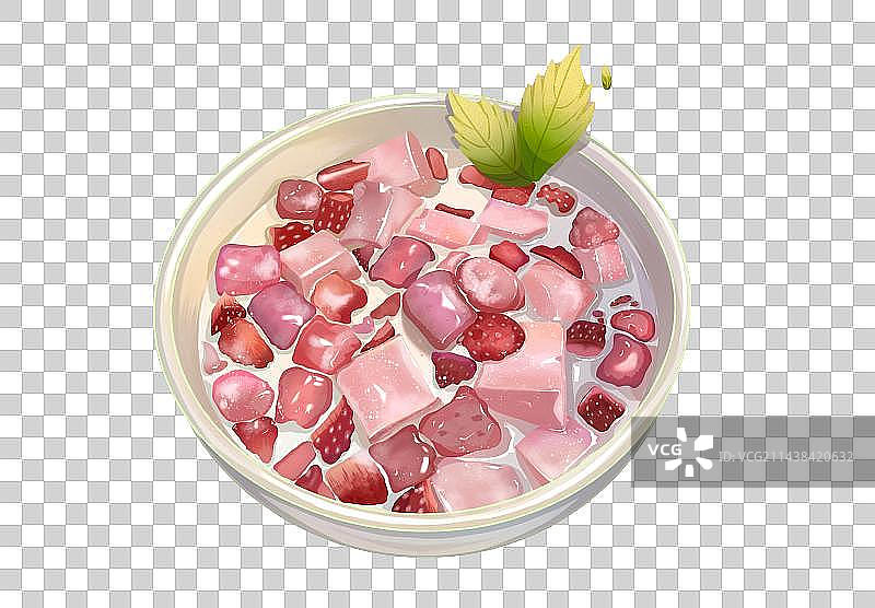 香草水果冰粉，碗里有果冻，草莓，芋圆图片素材
