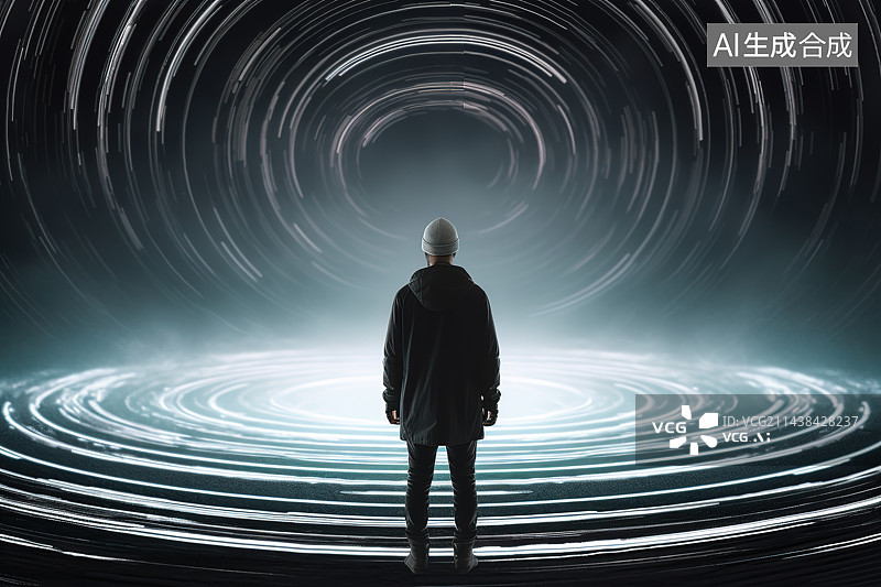 【AI数字艺术】站在隧道里的人的后视图图片素材