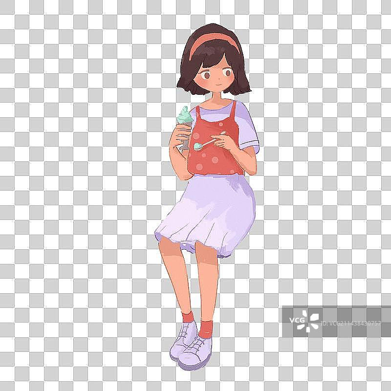吃冰淇淋坐着的短发小女孩图片素材