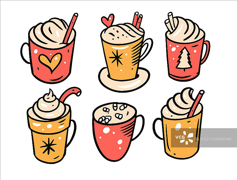手绘涂鸦风格的热饮杯套装图片素材