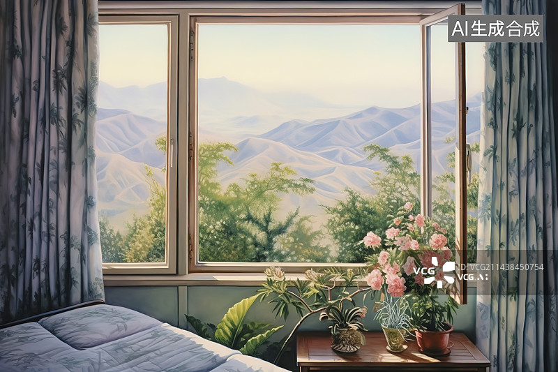 【AI数字艺术】窗台上的花图片素材