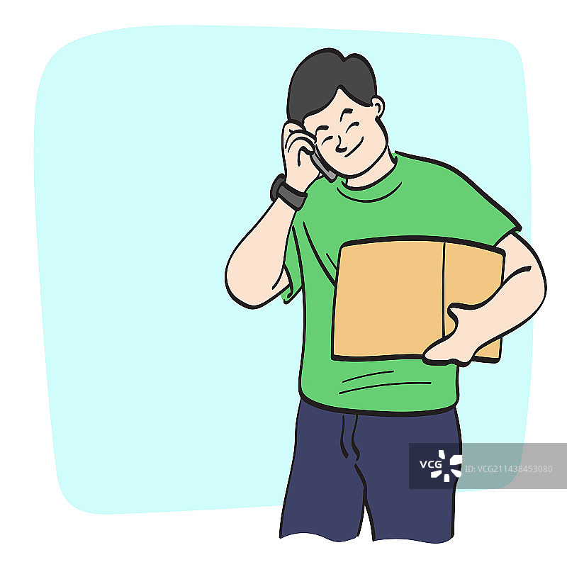 线条艺术：男子接收包裹并使用智能手机图片素材