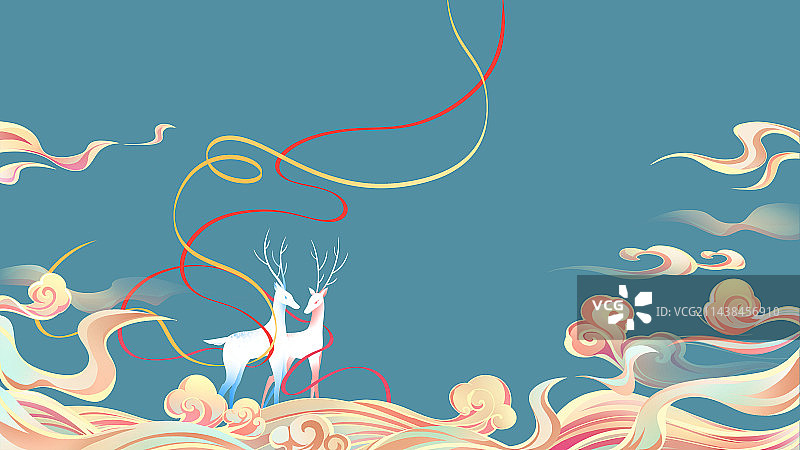 祥云中的神鹿，敦煌风神话插画图片素材