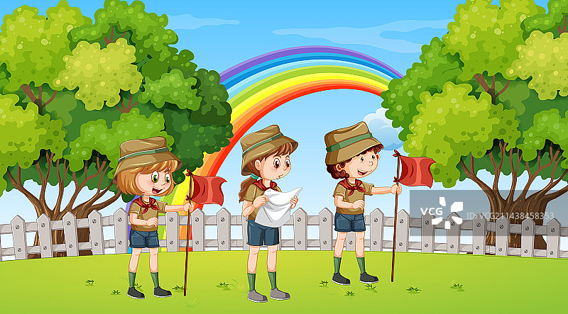 在森林里徒步旅行的侦察儿童图片素材