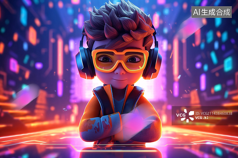 【AI数字艺术】未来派赛博朋克，带耳机音乐的男孩，霓虹灯图片素材