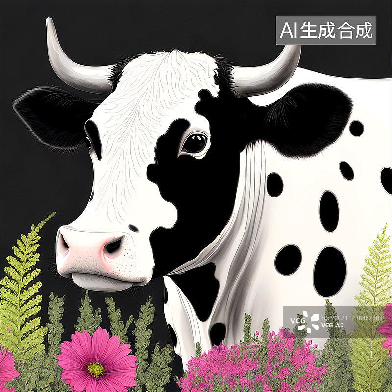 【AI数字艺术】花草植物装饰围绕的奶牛自然风光插画图片素材
