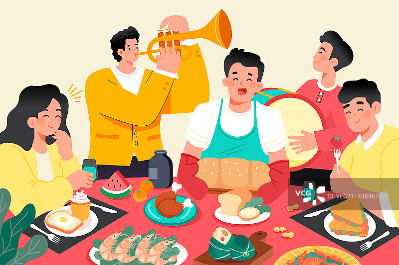 卡通夏季夏天食品饮料娱乐休闲生活方式食物庆祝餐厅聚餐朋友团购吃饭下午茶小龙虾大闸蟹美食餐饮矢量插画图片素材