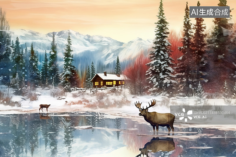 【AI数字艺术】雪山下的驯鹿图片素材