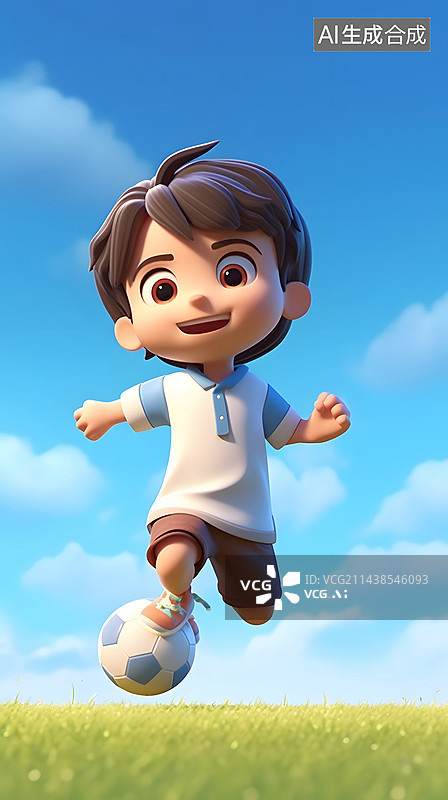 【AI数字艺术】3D渲染的可爱的足球运动员，儿童踢足球的3D渲染图片素材