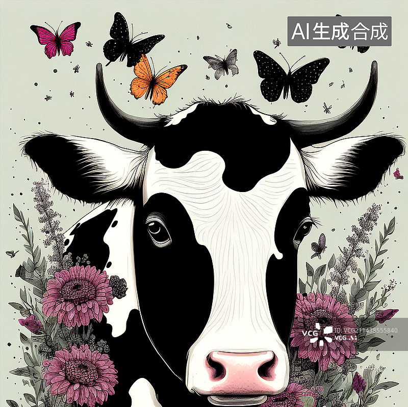 【AI数字艺术】花草植物装饰围绕的奶牛自然风光插画图片素材