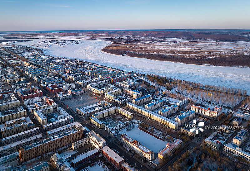 黑龙江大兴安岭呼玛县城市风光航拍图片素材
