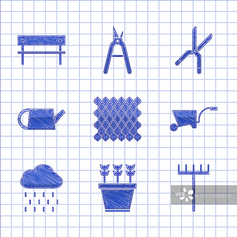 花园栅栏、木制盆栽和耙子图片素材