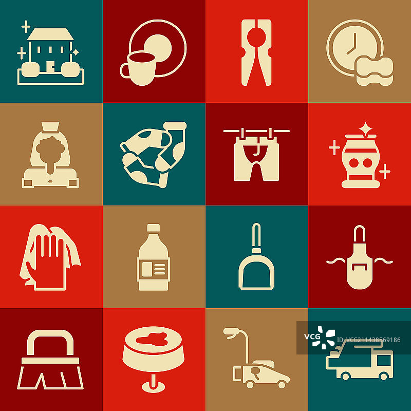 垃圾车、厨房围裙和干净花瓶套装图片素材