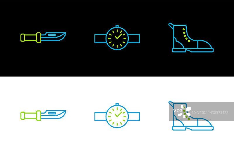 徒步靴、露营刀和腕表图片素材