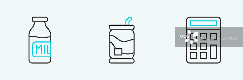计算器、牛奶瓶和苏打罐线条组合图片素材