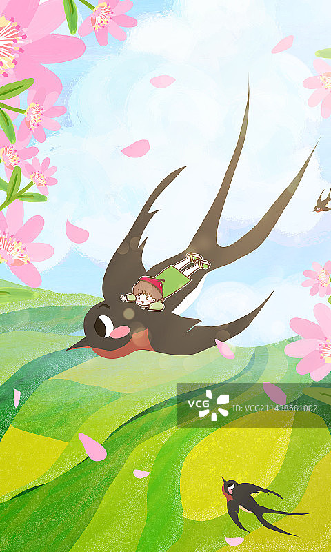 春日节气燕子桃花清新治愈插画图片素材