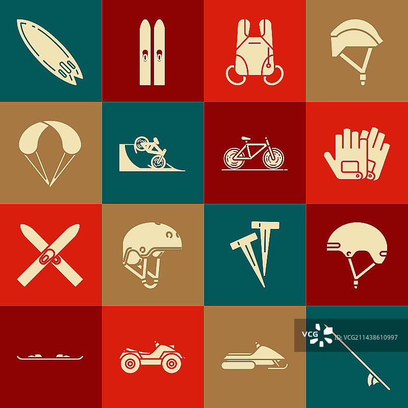 冲浪板、头盔、手套、降落伞、自行车套装图片素材